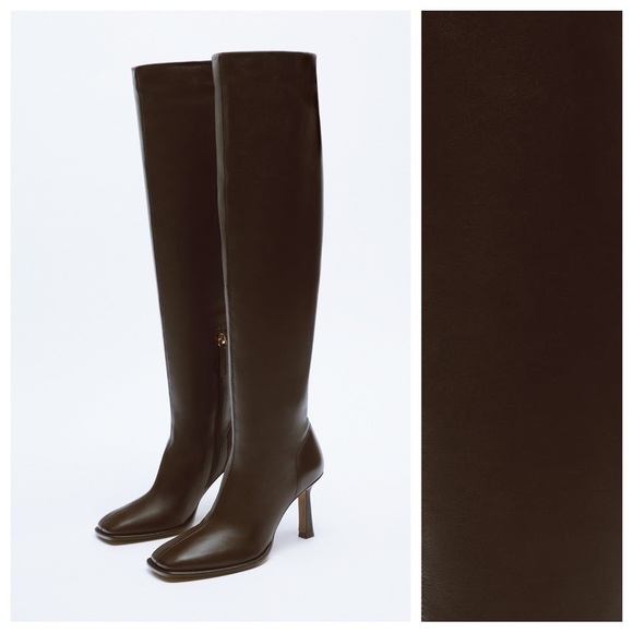 NWT. Zara Brown Long Leather High-Heel Ankle Boots. Size 9